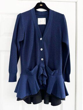 Sacai Peplum Cardigan in Navy/Black, size "3" (Medium)